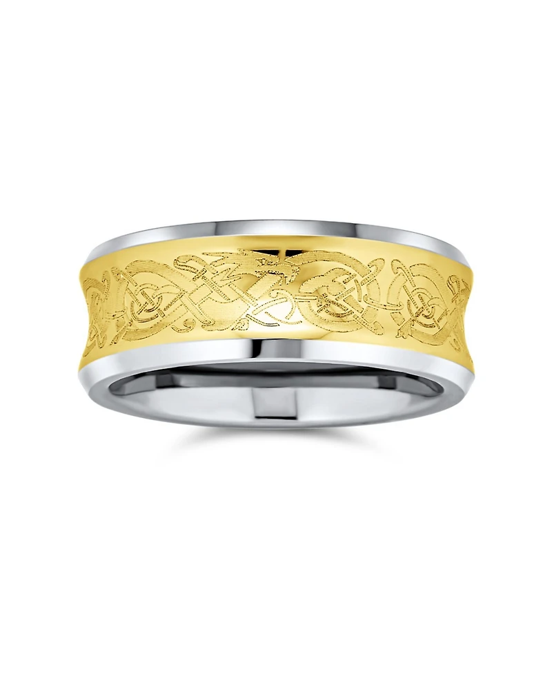 Bling Jewelry Celtic Knot Dragon Inlay Couples Concave Titanium Promise Band Ring Black Silver Gold Tone Comfort Fit 8mm