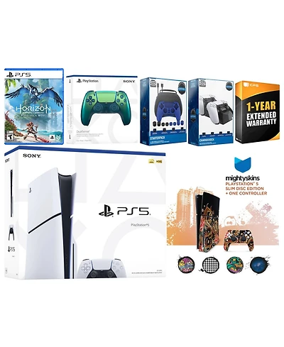 Sony Playstation 5 Slim Disc with Horizon Forbidden West, Extra Volcanic Red Controller, Gamer Kit, Charge Dock and MightySkins Decal Voucher + 1 Year