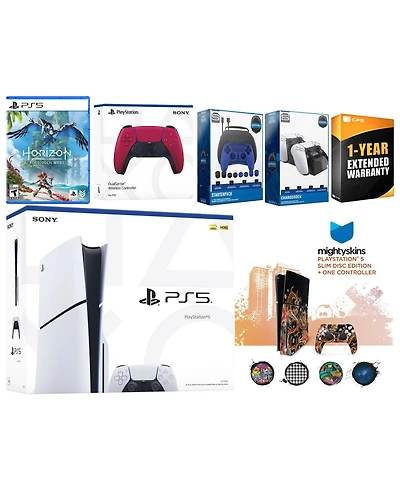 Sony Playstation 5 Slim Disc with Horizon Forbidden West, Extra Volcanic Red Controller, Gamer Kit, Charge Dock and MightySkins Decal Voucher + 1 Year