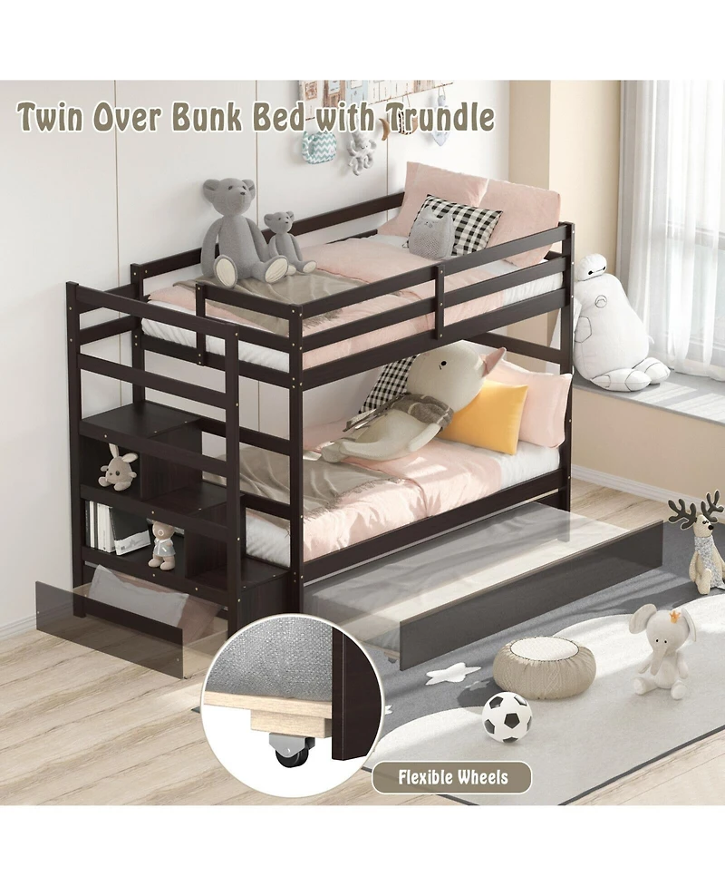 Twin Over Twin Bunk Bed with Storage Shelf and Drawer