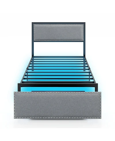 Twin Size Bed Frame with Led Lights Drawer and Metal Slats-Twin Size