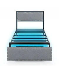 Twin Size Bed Frame with Led Lights Drawer and Metal Slats-Twin Size