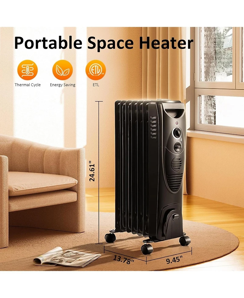 Zafro 1500W Oil-Filled Radiator Heater, Portable Electric Space Heater with Adjustable Thermostat, 3 Heat Levels, Tip-Over & Overheat Protection, Quie