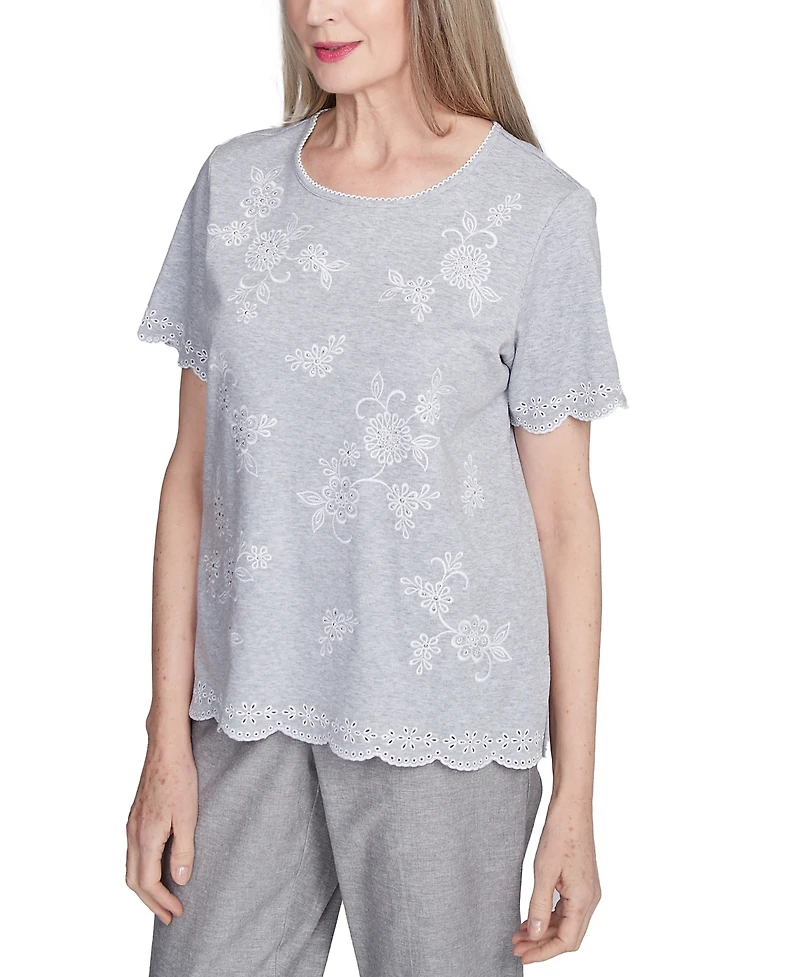 Alfred Dunner Women's Crystal Springs Embroidered Tossed Flower Crew Neck T-Shirt