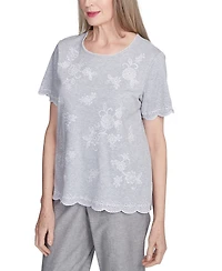 Alfred Dunner Women's Crystal Springs Embroidered Tossed Flower Crew Neck T-Shirt