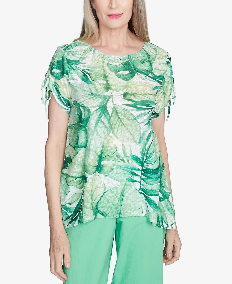 Alfred Dunner Women's Rise Shine Monotone Tropical Leaf Crew Neck T-Shirt