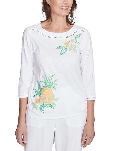Alfred Dunner Women's Rise Shine Embroidered Pineapple Crew Neck Top