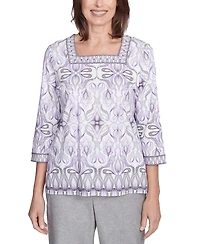 Alfred Dunner Women's Crystal Springs Border Medallion Kaleidoscope Square Neckline Top