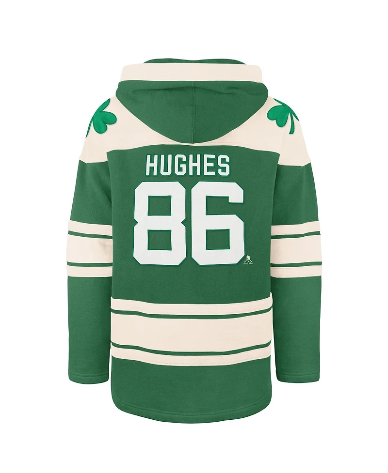 '47 Brand Men's Jack Hughes Kelly Green New Jersey Devils St. Patrick's Day Player Name Number Lacer Pullover Hoodie