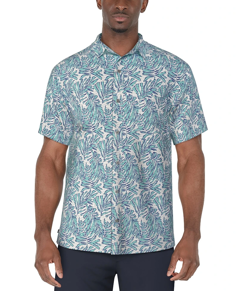 Pga Tour Men's Short Sleeve Seersucker Palm Print Golf Polo Shirt