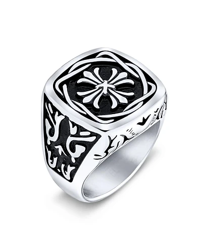 Bling Jewelry Large Statement Medieval Religious Ancient Viking Maltase Fleur De Lis Cross Square Signet Band Ring Oxidized Silver Tone Stainless Stee