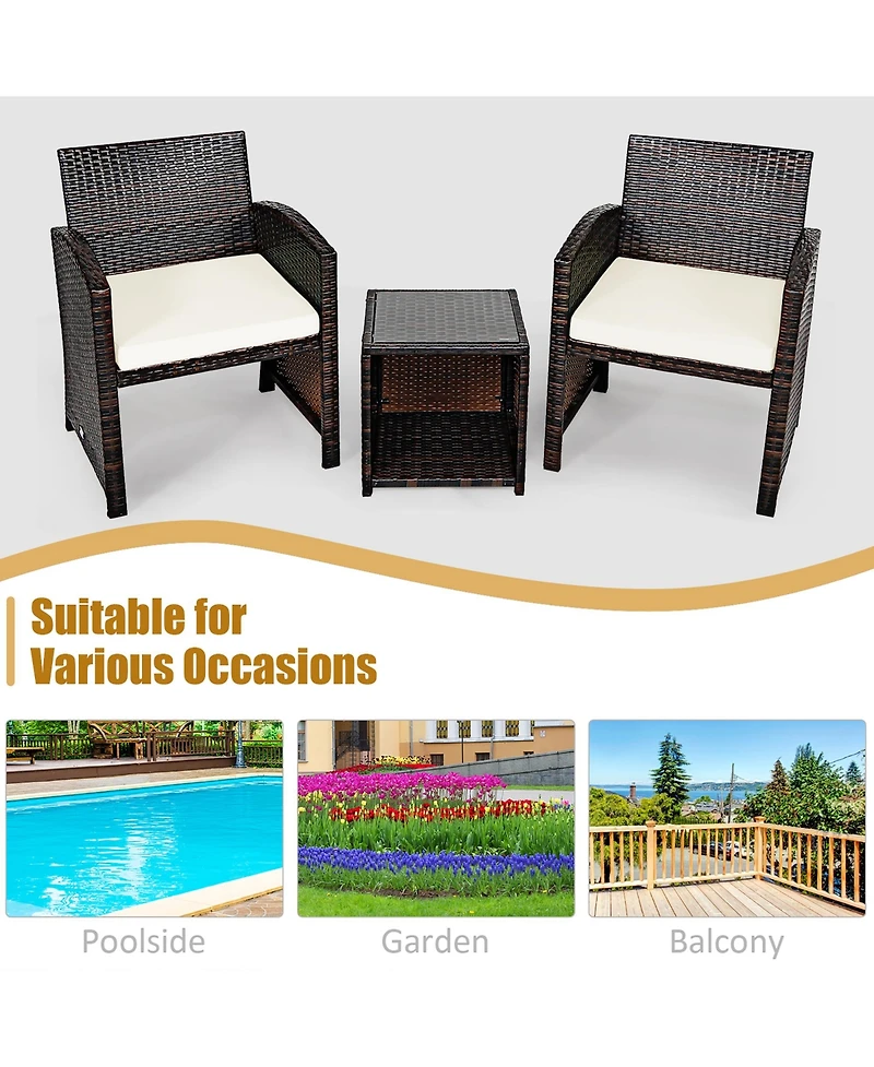 3PCS Patio Rattan Wicker Furniture Cushion Sofa Coffee Table