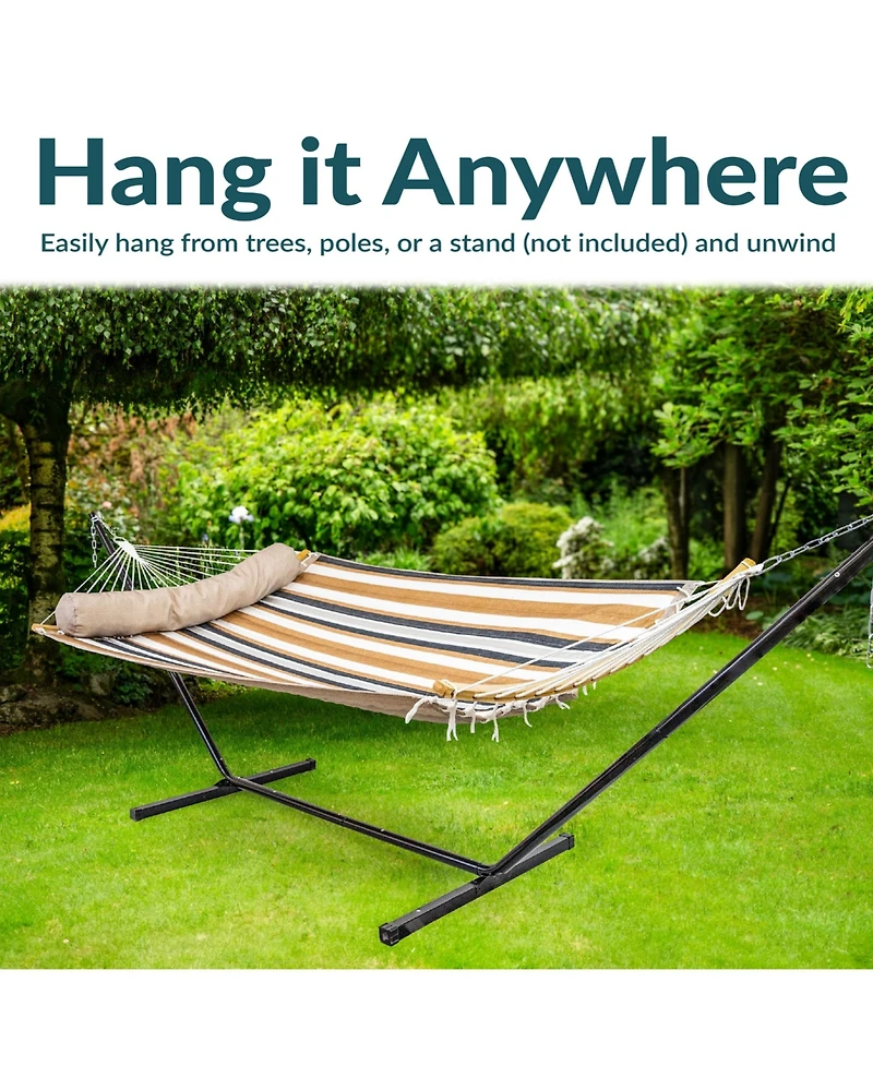 Heavy-Duty Quilted 2-Person Hammock with Curved Bamboo Spreader Bars - 450 lb Weight Capacity