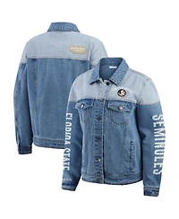 Wear by Erin Andrews Women's Denim Florida State Seminoles Sleeve Hit Color Block Button-Down Jacket
