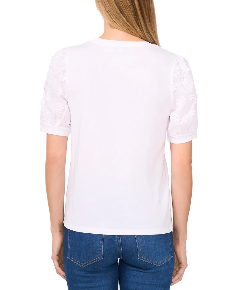 CeCe Women's Mixed-Media Puff-Sleeve Top