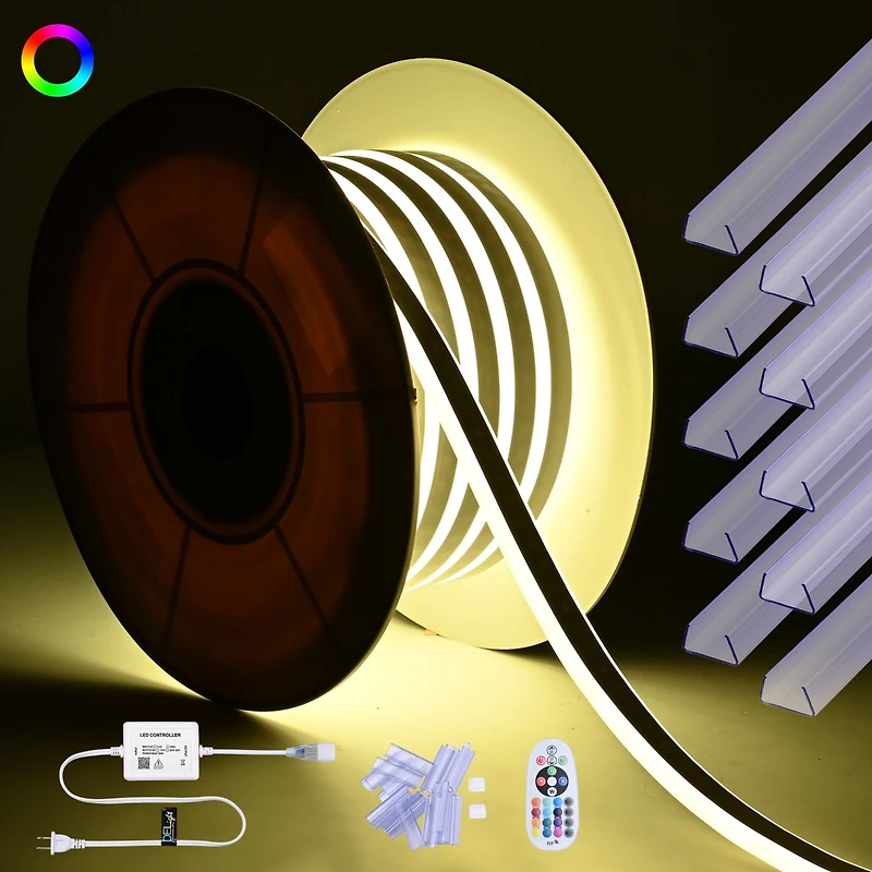 DELight 50FT Rgb Neon Rope Lights with 2" Plastic U Channel System 10PCS,App & Remote Control Ac 110V Waterproof Cuttable Del-D1M50R