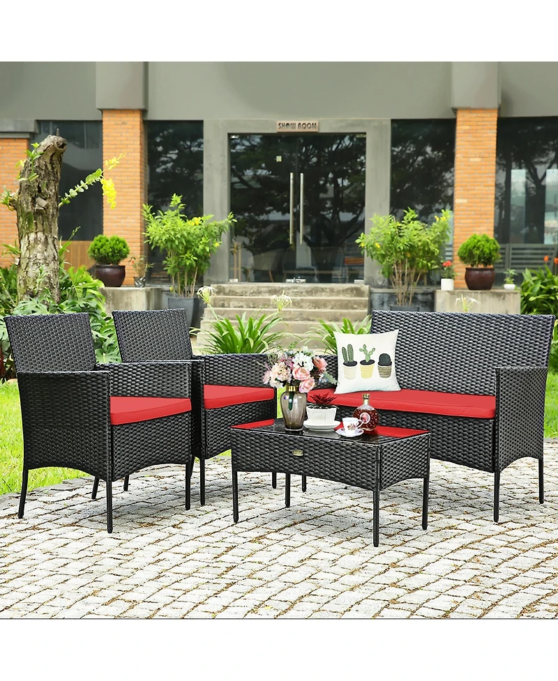 4PCS Patio Rattan Furniture Set Cushioned Sofa Coffee Table Backyard