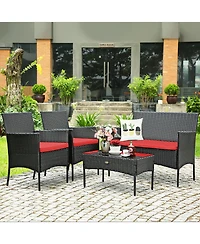 4PCS Patio Rattan Furniture Set Cushioned Sofa Coffee Table Backyard