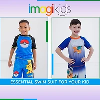 Pokemon Boys Pikachu Upf 50+ Rash Guard Swim Trunks Outfit Set to