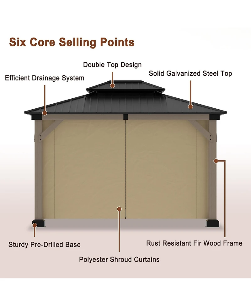 Mondawe 12 ft. x 10 ft. Outdoor Fir Solid Wood Frame Patio Gazebo Canopy Shelter with Galvanized Steel Hardtop Roof Pavilion