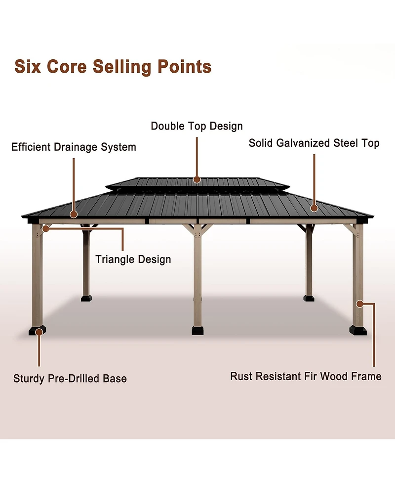Mondawe 20 ft. x 12 ft. Outdoor Fir Solid Wood Frame Patio Gazebo Canopy Tent Shelter with Galvanized Steel Hardtop Pavilion