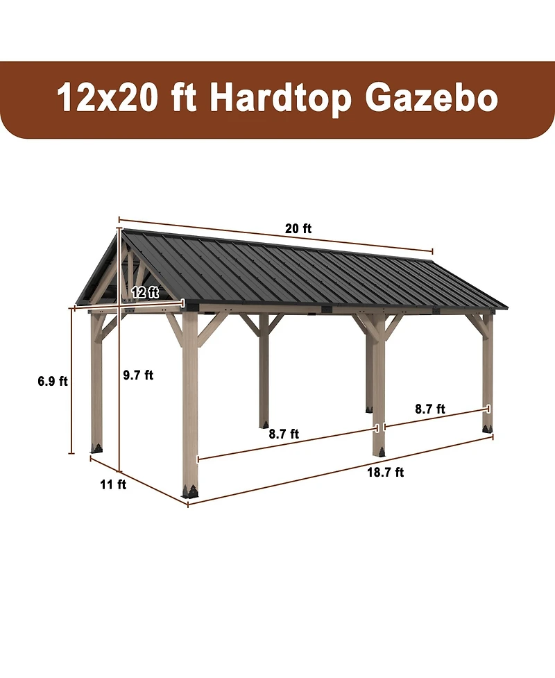 Mondawe 12 x 20 ft. Wood Gazebo Cedar Framed Wooden Gazebo with Curtain and Netting - Greenwich Serie