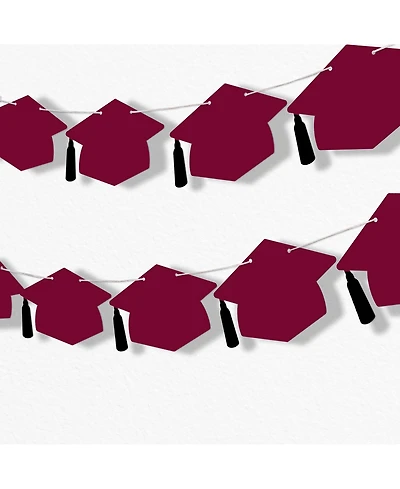 Maroon Graduation Cap Garland Banner, 10 Feet of Cord, 15 Hats with Tassels