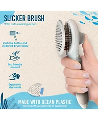 Ocean Plastic by Pt Beige Self-Cleaning Pin Slicker Brush, Retractable Head, Eco-Friendly Grooming Tool for Dogs and Cats