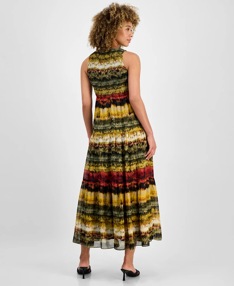 Anne Klein Women's Printed Smocked Sleeveless Maxi Dress