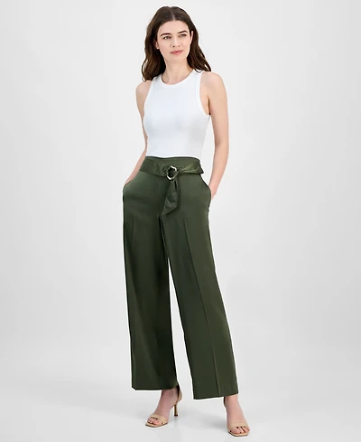 Anne Klein Women's Pull On High Rise Belted Wide Leg Satin Pants