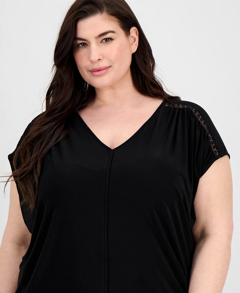 Anne Klein Plus Lace-Trim V-Neck Cap-Sleeve Top