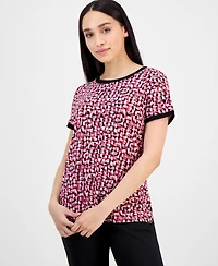 Ak Anne Klein Petite Printed Button-Back Short-Sleeve Blouse