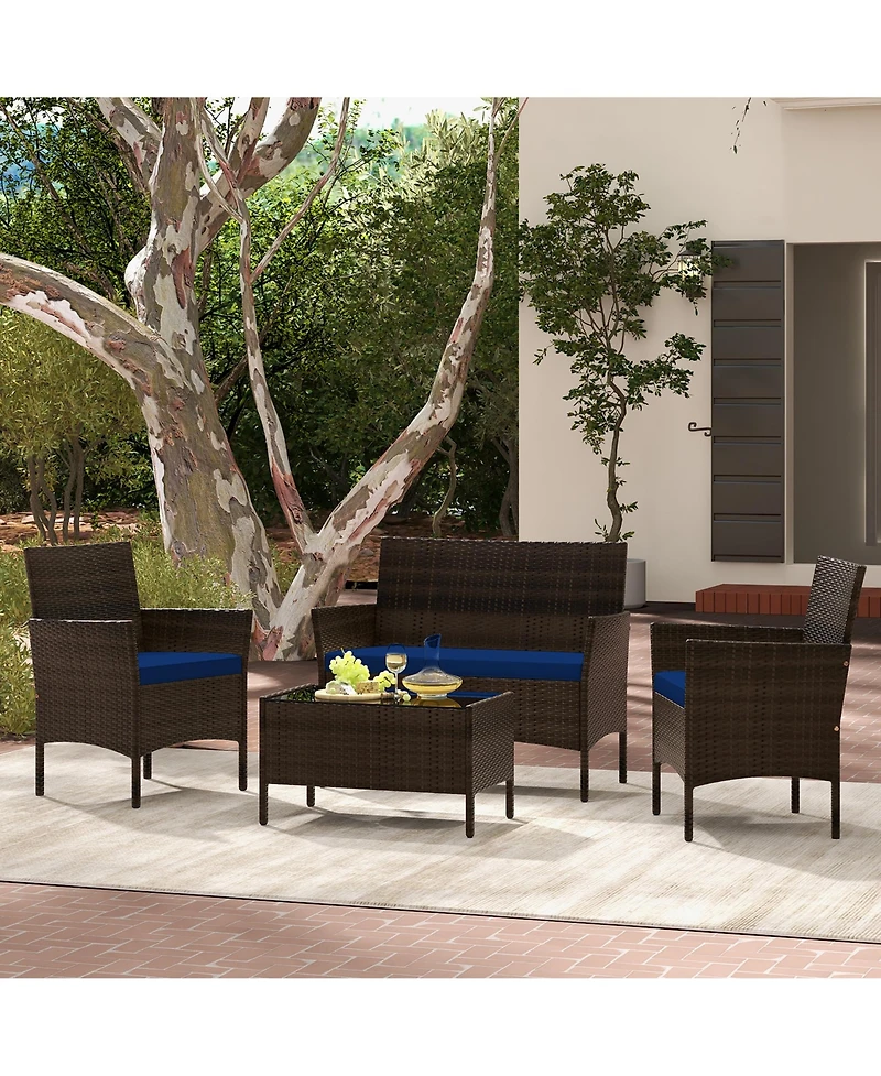 Gymax 4 Piece Outdoor Wicker Furniture Set Patio Rattan Conversation Set w /Cushions