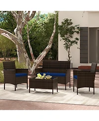 Gymax 4 Piece Outdoor Wicker Furniture Set Patio Rattan Conversation Set w /Cushions