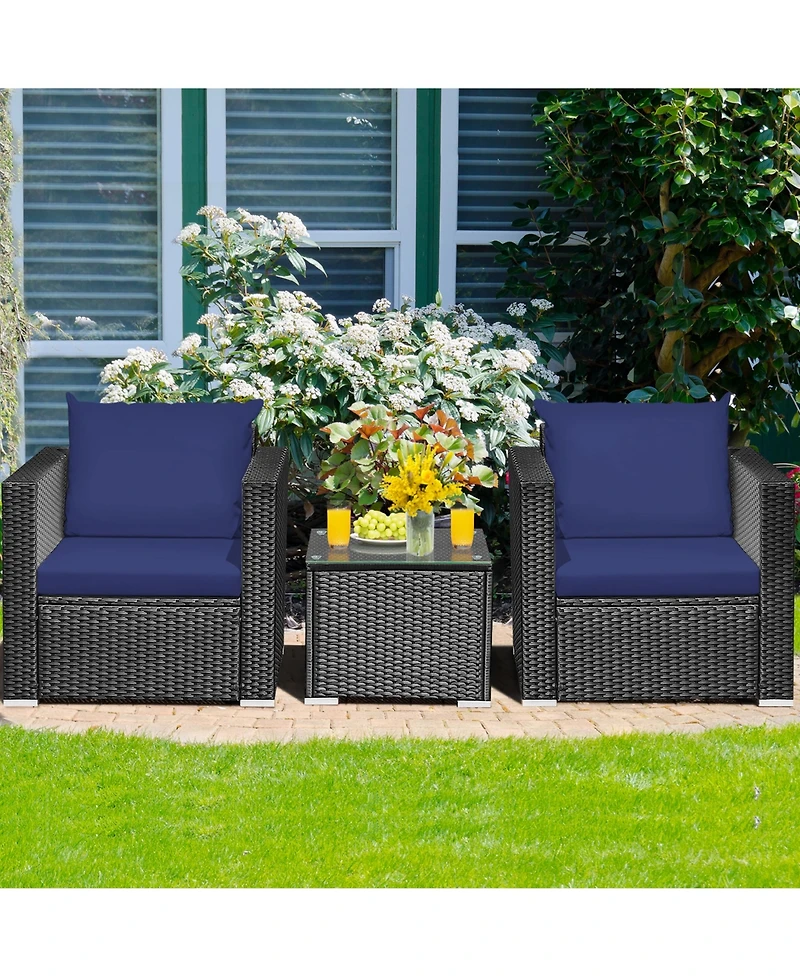 Gymax 3 Piece Rattan Outdoor Patio Conversation Furniture Set w/ Cushions