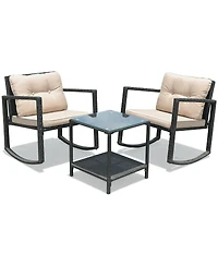 Gymax Set of 3 Rattan Patio Furniture Set Rocking Chair Table Set w/ Cushions