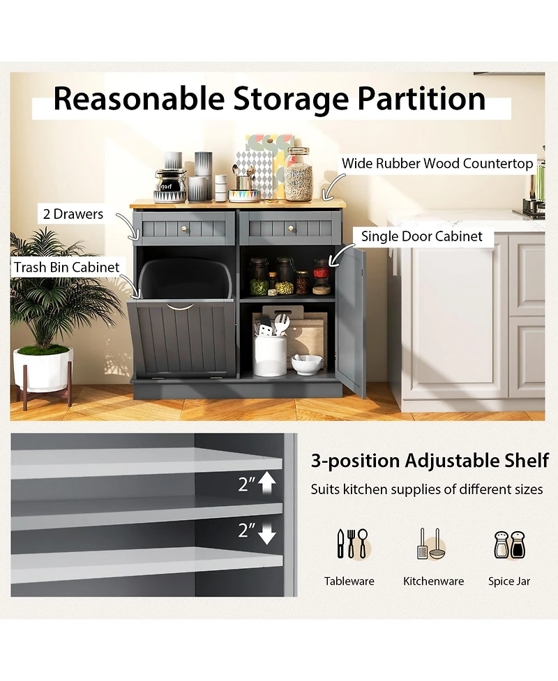 Rubber Wood Kitchen Trash Cabinet with Single Trash Can Holder and Adjustable Shelf