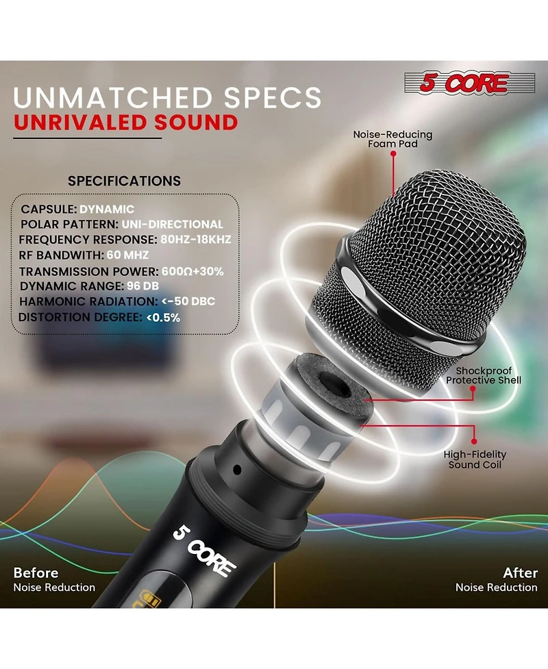 5 Core Wireless Microphone Pair Uhf Professional Handheld Microfonos Inalambricos Cordless Mic System Wm Uhf 02-red+Blk