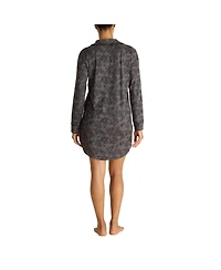 Tahari Women's Long Sleeve Button Up Notch Collar Nightshirt with Piping and Pocket