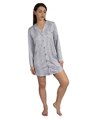 Tahari Women's Long Sleeve Button Up Notch Collar Nightshirt with Piping and Pocket