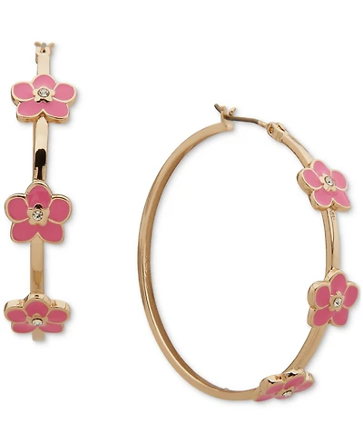 Karl Lagerfeld Paris Gold-Tone Enamel & Crystal Flower Medium Hoop Earrings, 1.6"