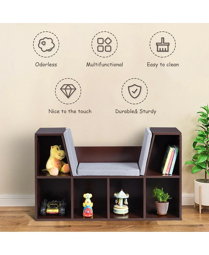 6-Cubby Kid Storage Bookcase Cushioned Reading Nook