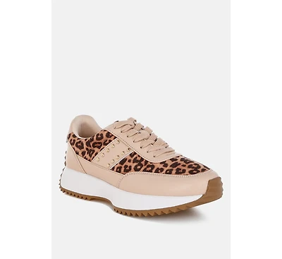 Lepark Real Leather Leopard Print Sneakers