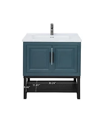 Casainc 32" Bathroom Vanity with White Ceramic Sink & Faucet,Freestanding Bathroom Cabinet with 2 Storage Doors and Open iron Shelf