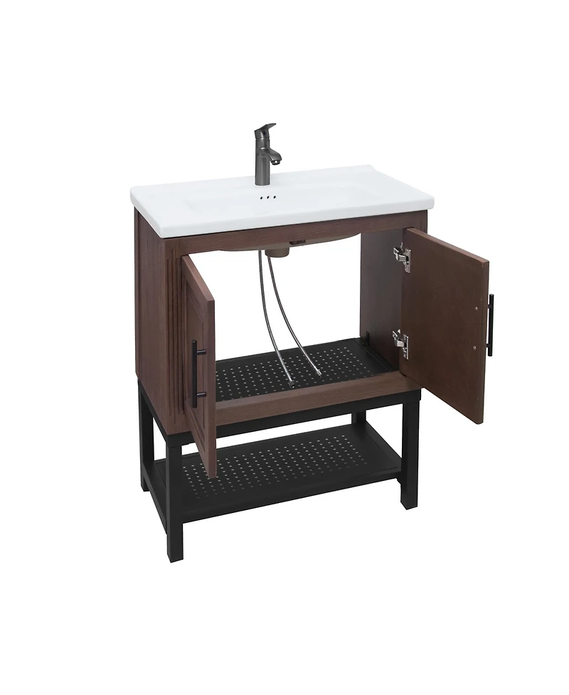 Casainc 24" Bathroom Vanity with White Ceramic Sink & Faucet,Freestanding Bathroom Cabinet with 2 Storage Doors and Open iron Shelf