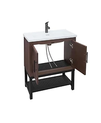 Casainc 24" Bathroom Vanity with White Ceramic Sink & Faucet,Freestanding Bathroom Cabinet with 2 Storage Doors and Open iron Shelf