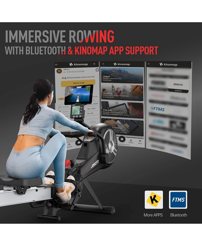 Joroto Rowing Machine, Air Magnetic Foldable Rowing Machines for Home Use, Rower Machine with 49.5" Rail, Backlit Monitor, Bluetooth, App Supported