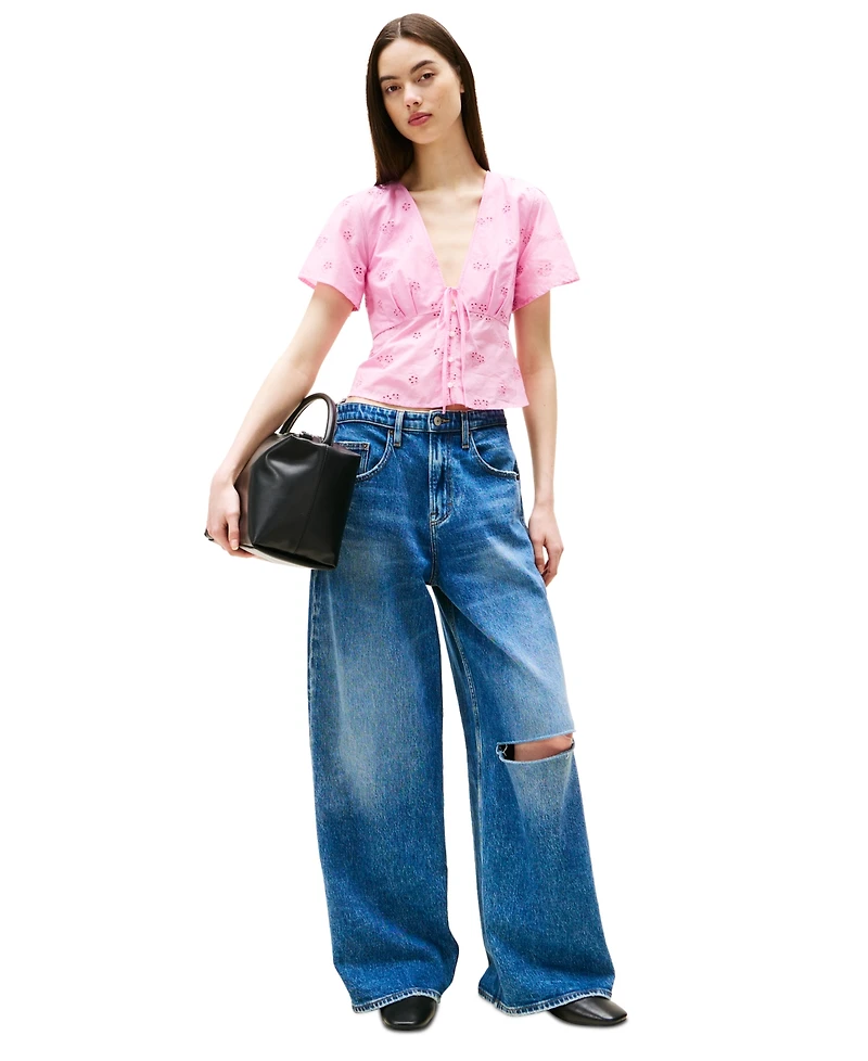 Tommy Jeans Women's Cotton Embroidered Plunging-Neck Blouse