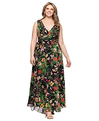 Betsy & Adam Plus Size Floral Print V-Neck Sleeveless Gown