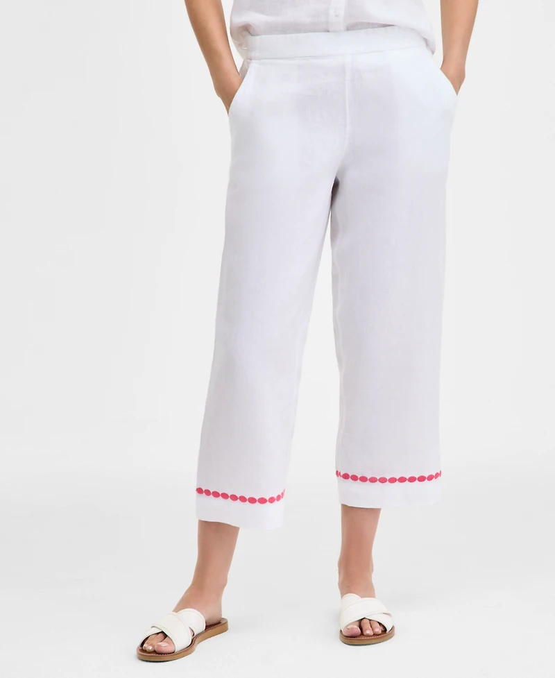 Charter Club Women's Linen Embroidered Cropped Pants, Exclusively at Macy's